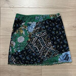 Urban Outfitters Green and Black Floral Patchwork Mesh Mini Skirt
